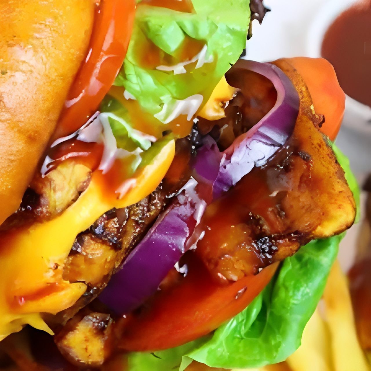 Juicy cheeseburger with lettuce, tomato, onion
