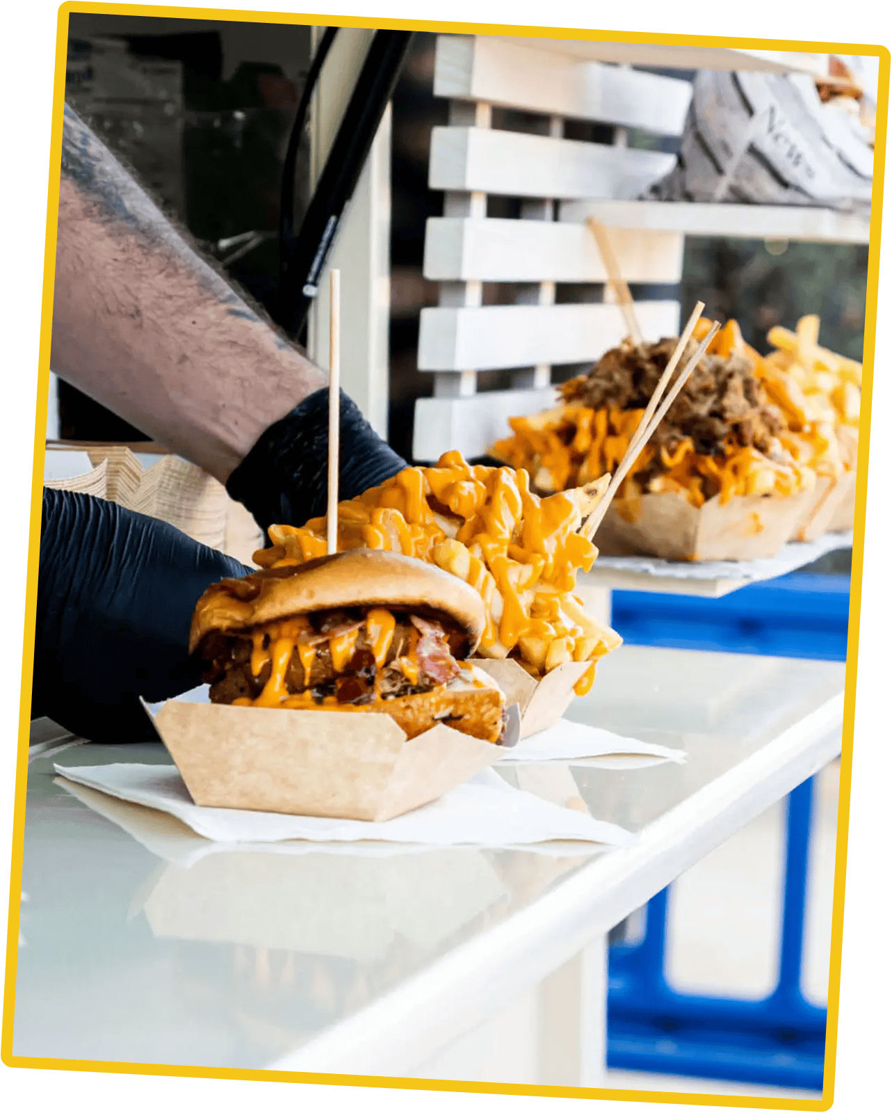 Food truck burger with loaded cheesy fries